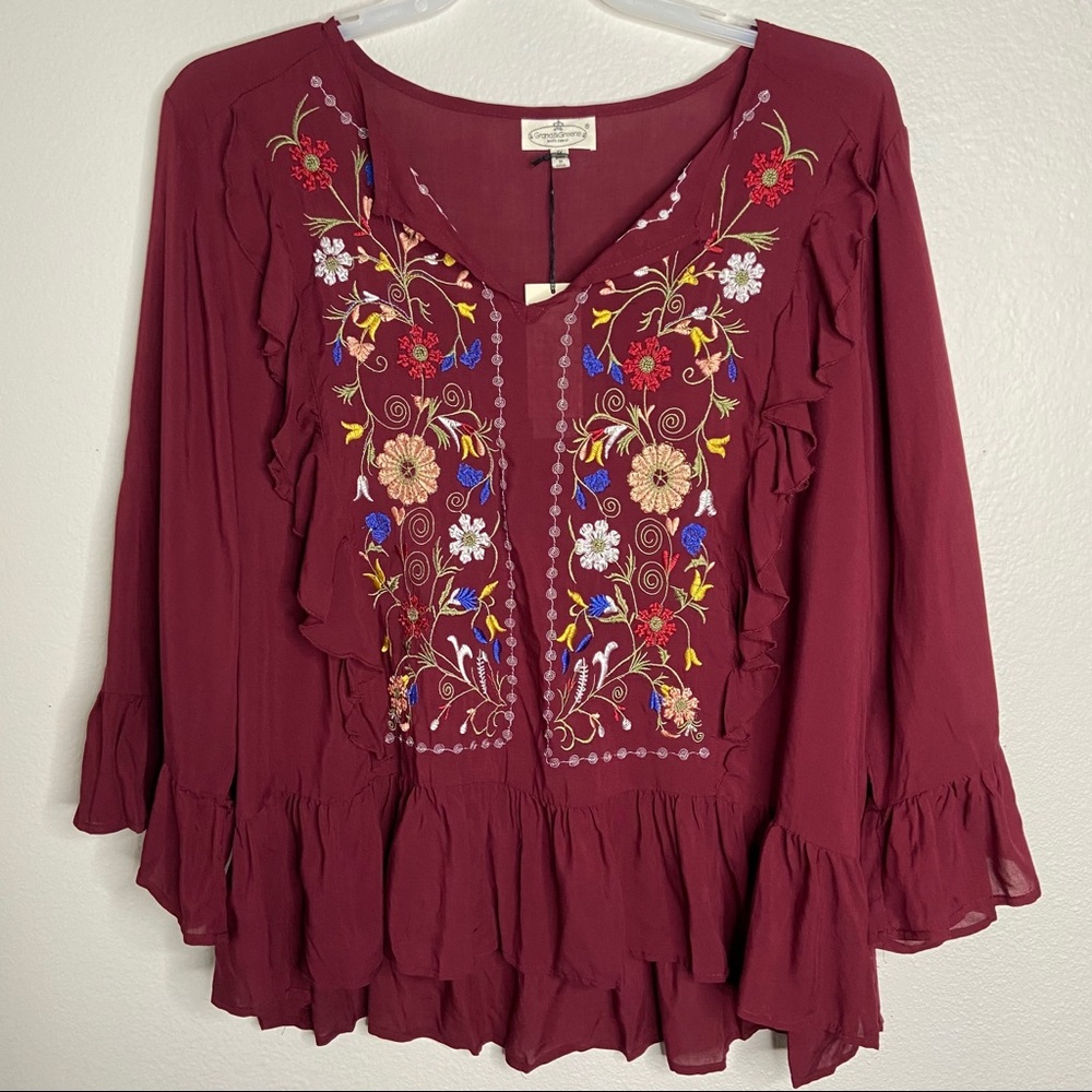 Grand&Greene 1X Top Floral Embroidered Ruffle Peplum Rayon Burgundy Western NWT